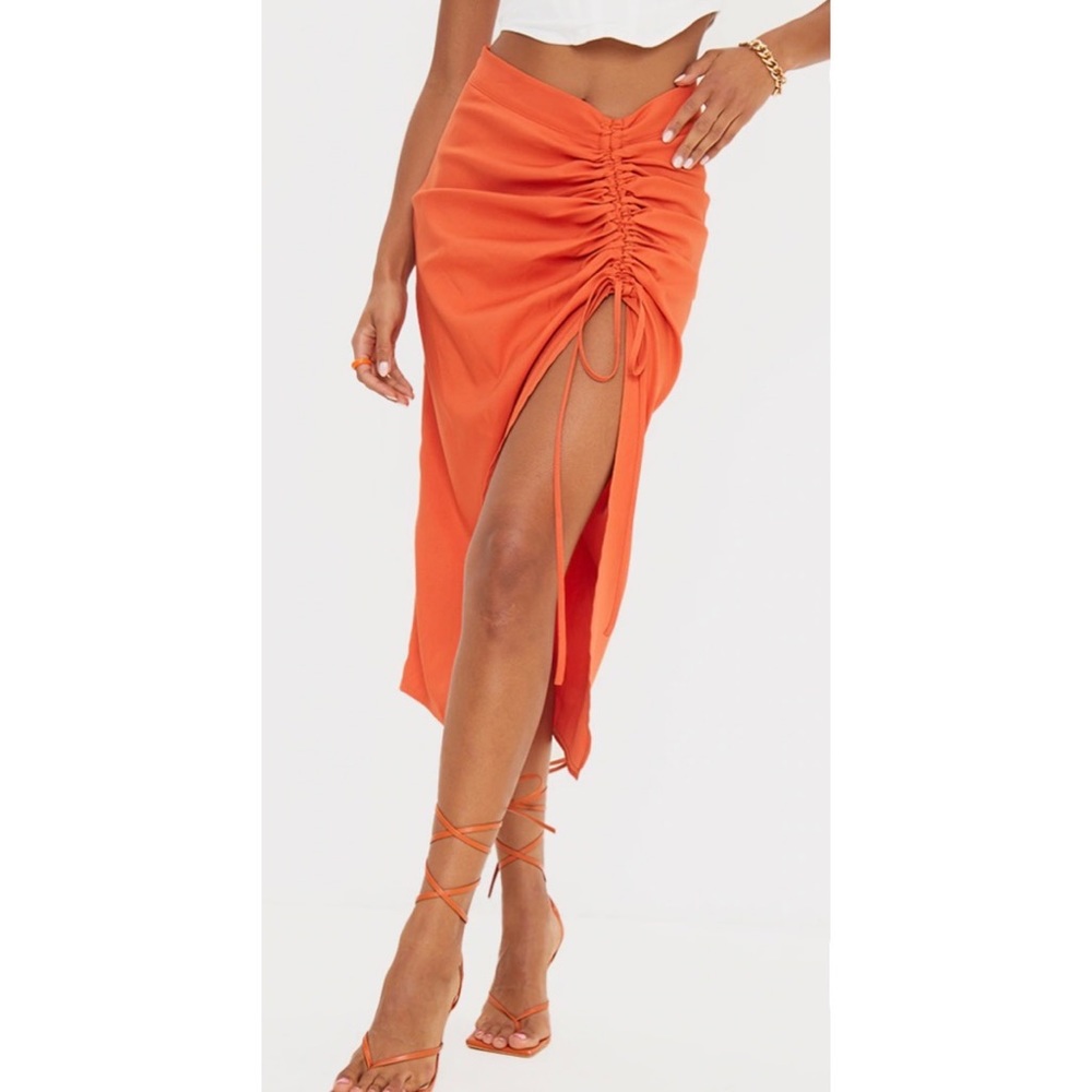 PLT Burnt Orange Woven Ruched Detail Midi Skirt